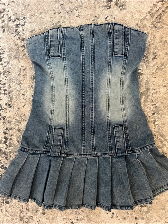 Loxca Vin Other - Y2K Acid Wash Denim Corset Mini Dress Pleated Skater Sz S